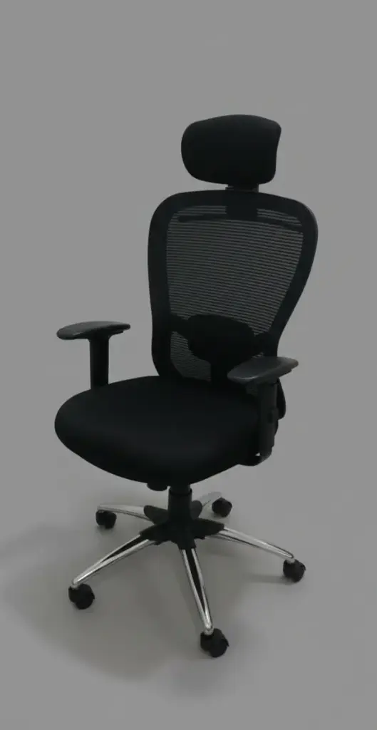 “Black ergonomic mesh chair with chrome base and adjustable headrest”