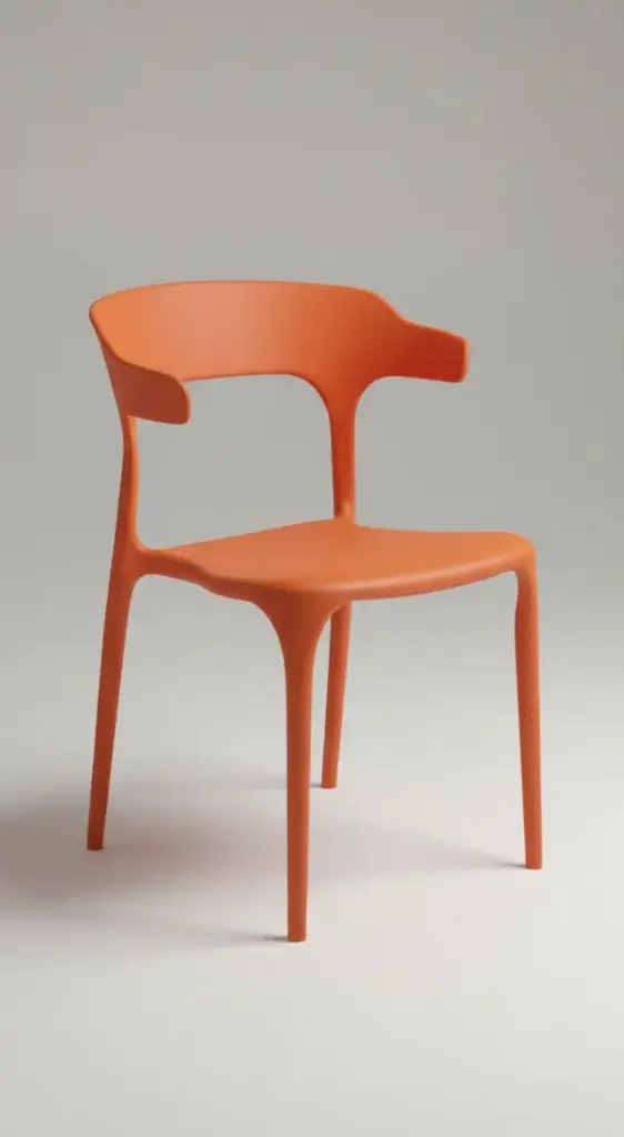 “Bliss Sculpted orange minimalist chair with curved back and tapered legs”