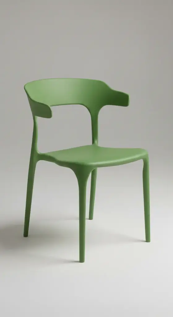 “Bliss Sculpted green minimalist chair with curved back and tapered legs”