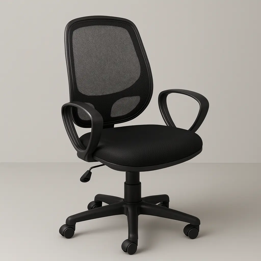 802 Mesh Chair "Black ergonomic mesh chair with curved plastic armrests and slatted backrest”