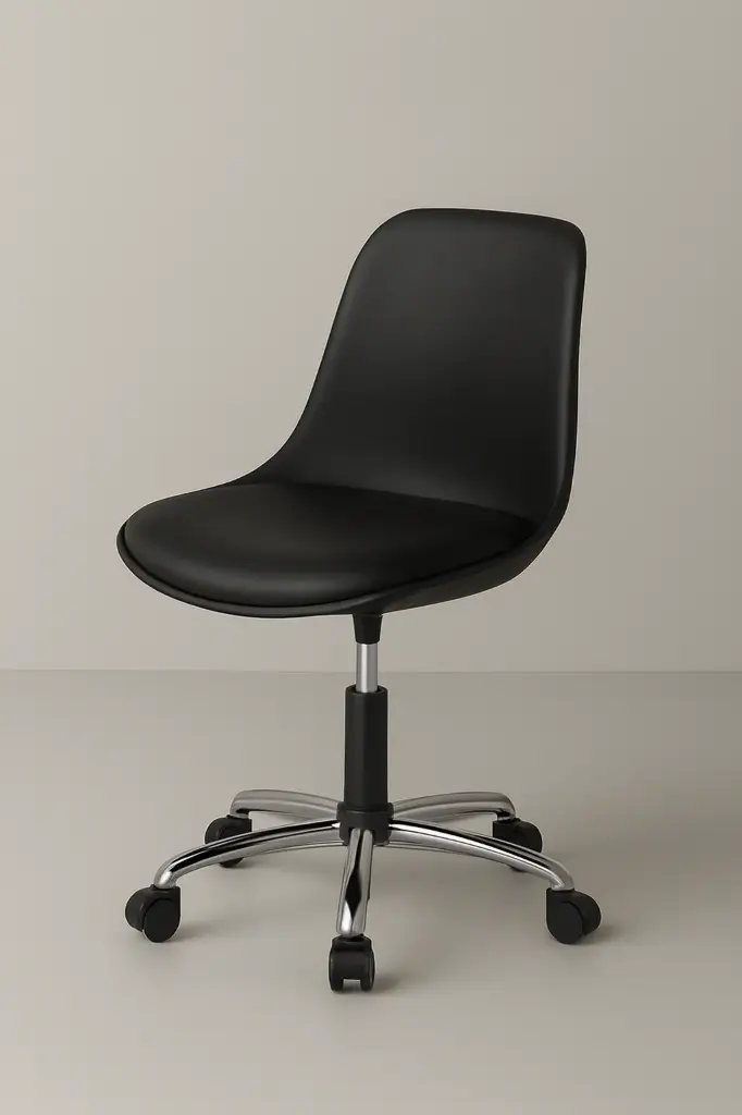 “Modern black office chair with chrome base and curved matte seat”