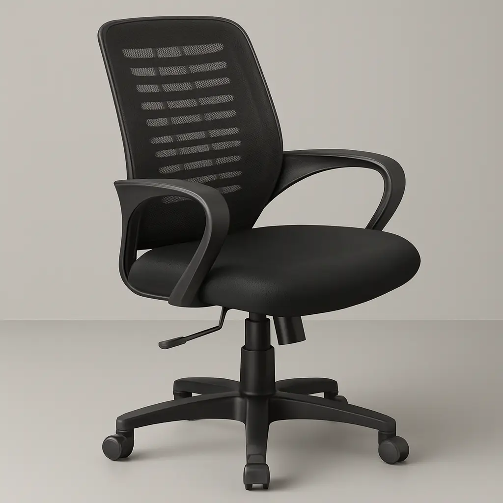 Black ergonomic mesh chair with curved armrests and slatted backrest”